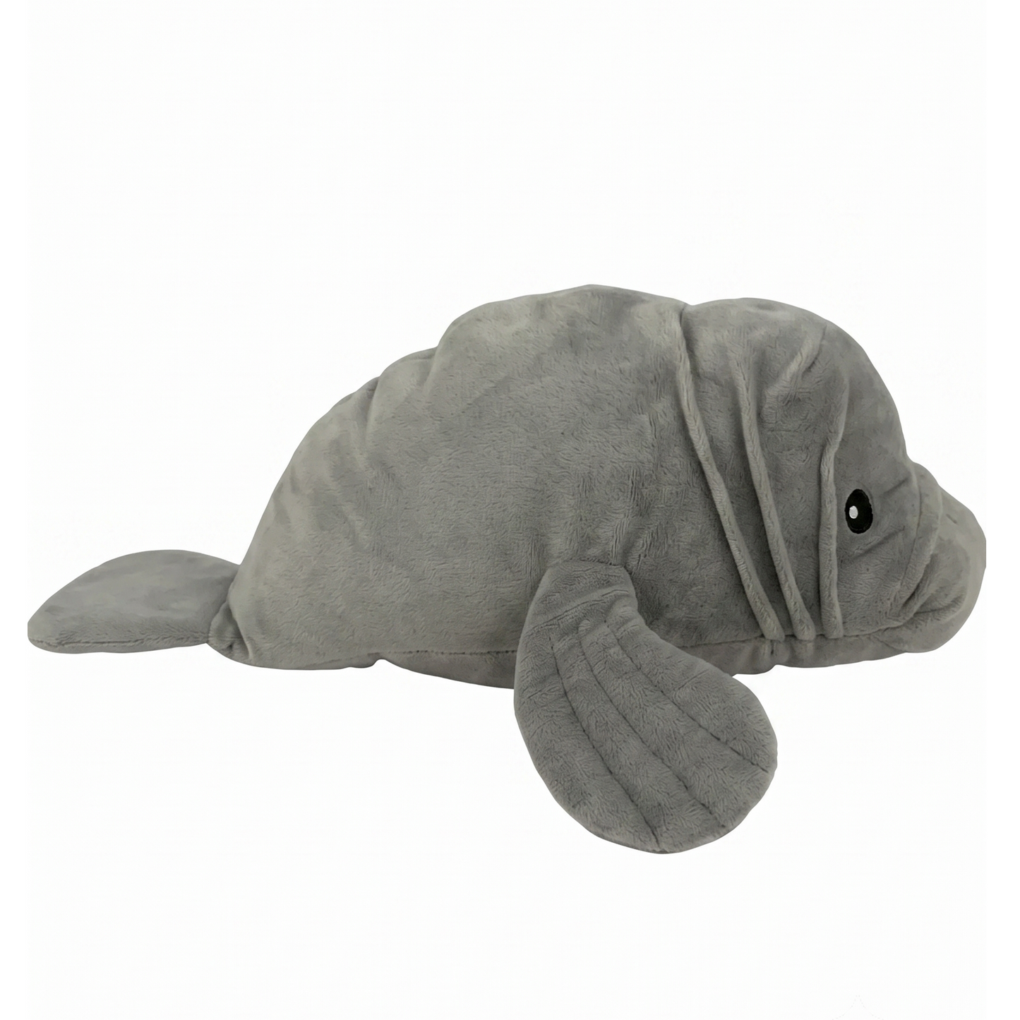 A plush manatee stuffed animal made from gray plush fabric, featuring embroidered details for the eyes and nostrils, set against a plain white background.