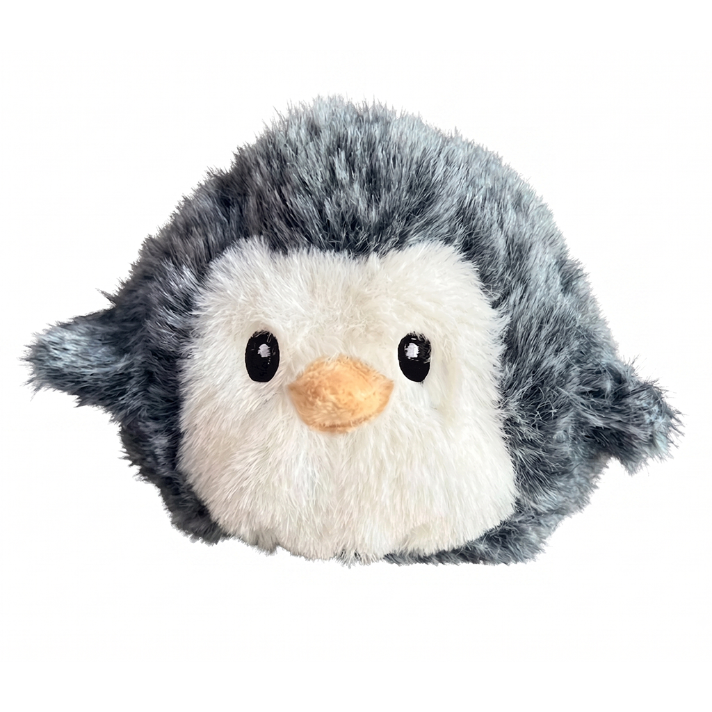 image of small plush penguin with black and gray fur, white front, yellow beak and black embroidered eyes