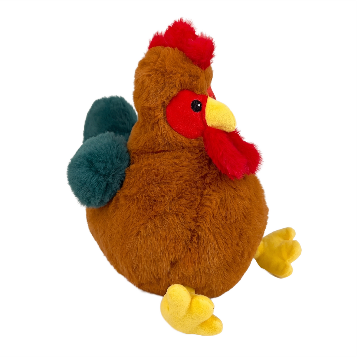 A plush toy rooster with brown fur, a bright red comb and wattle, yellow beak and feet, and teal-blue fluffy wings, isolated on a white background.