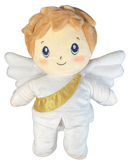 Plush toy angel with white wings and a gold sash on a white background
