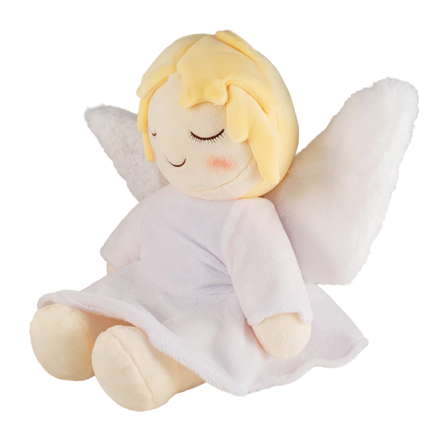 Side of plush angel toy with white wings and blonde hair on a white background