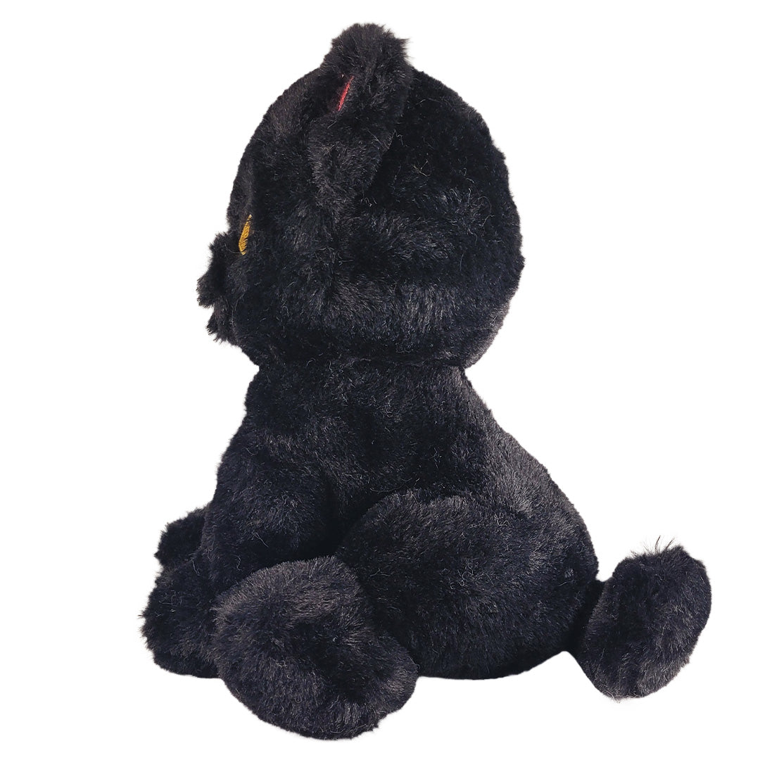 Side of black plush cat on a white background