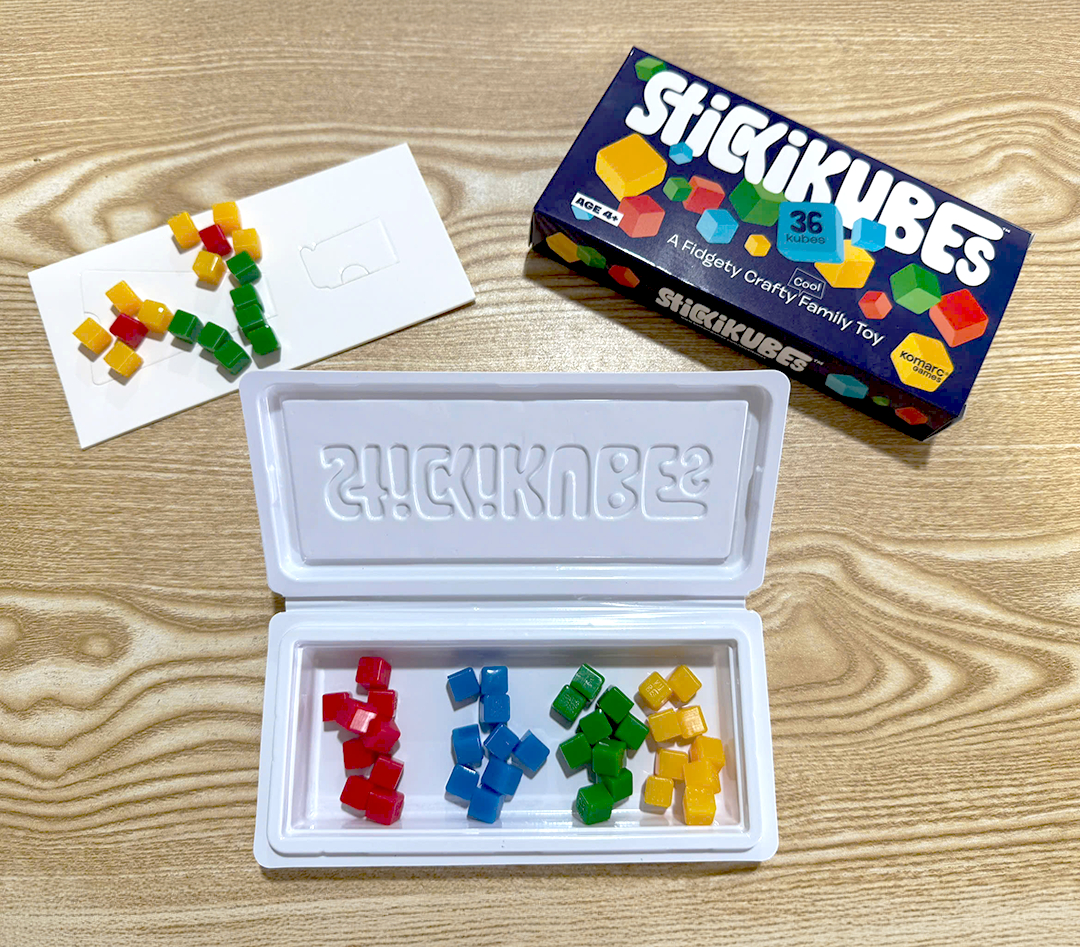 StickiKubes box set with kubes on a card.