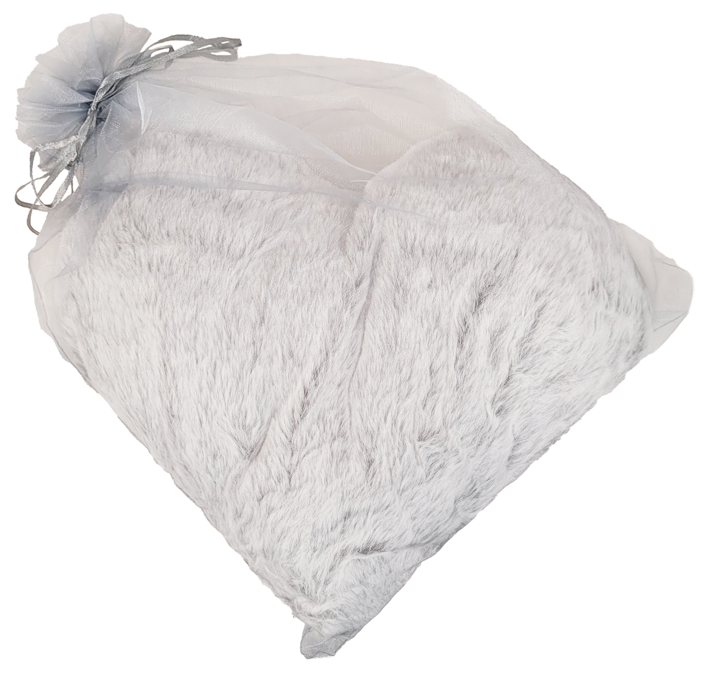 gray plush heart in organza bag