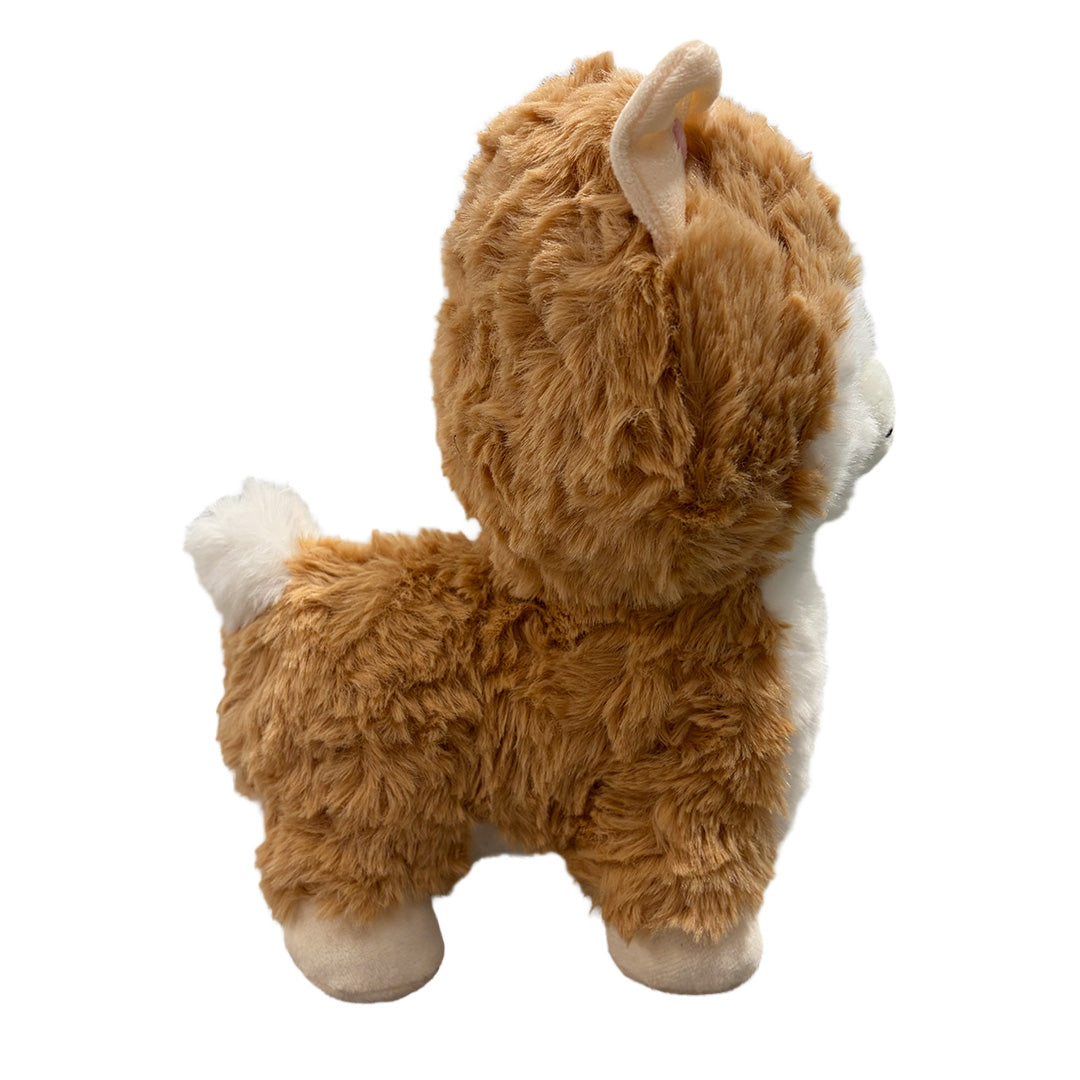 Side of plush toy resembling a llama on a white background