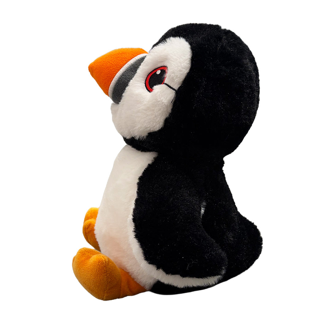 Side of puffin plush toy with an orange beak and feet on a white background