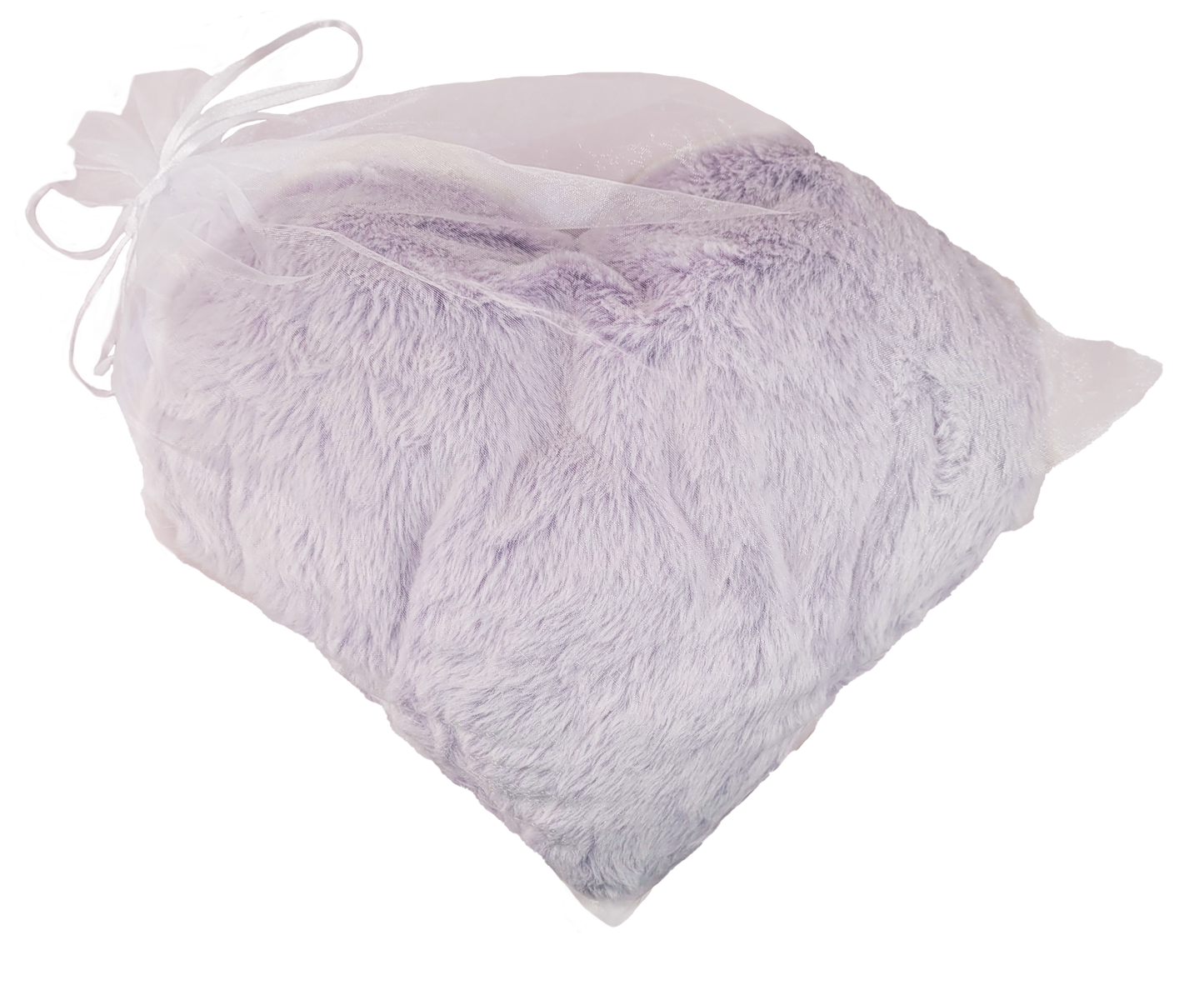 purple plush heart in organza bag