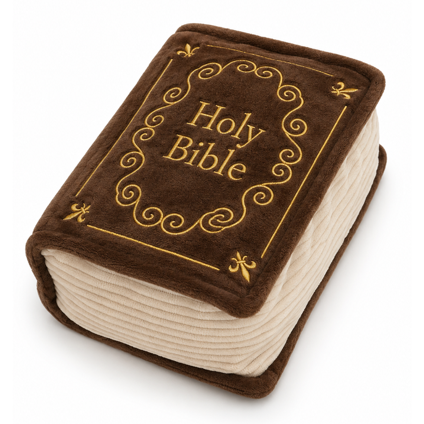 soft plush bible with brown cover, cream pages and gold embroidered details on the cover with the words "Holy Bible"