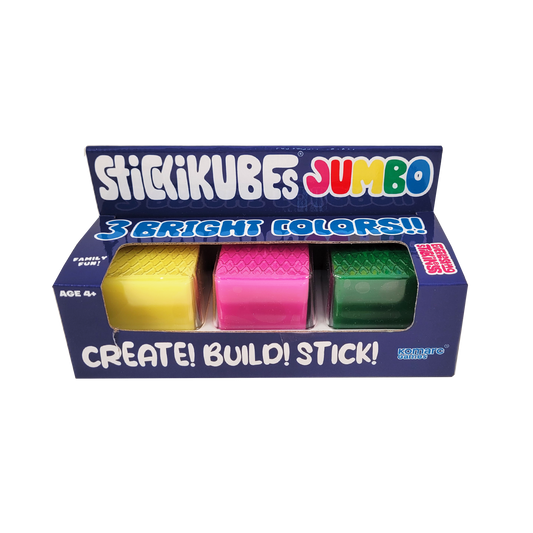 3 pack jumbo stickikubes box front; yellow, pink, green