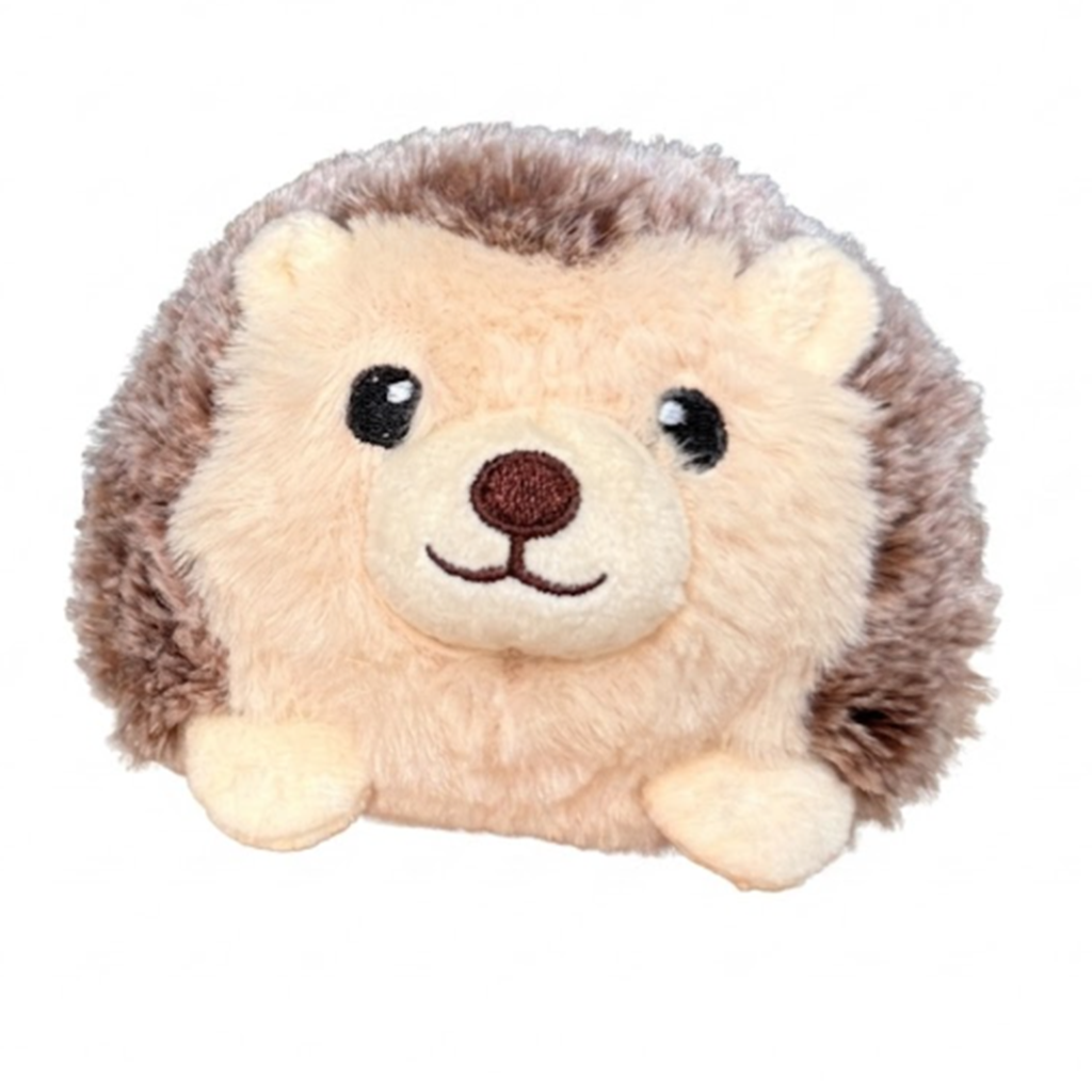 image of small hedgehog plush with brown fur and cream colored face, feet, and ears, and brown and black embroidered face.
