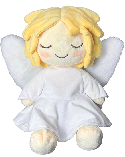 Plush toy angel with white wings and dress on a white background