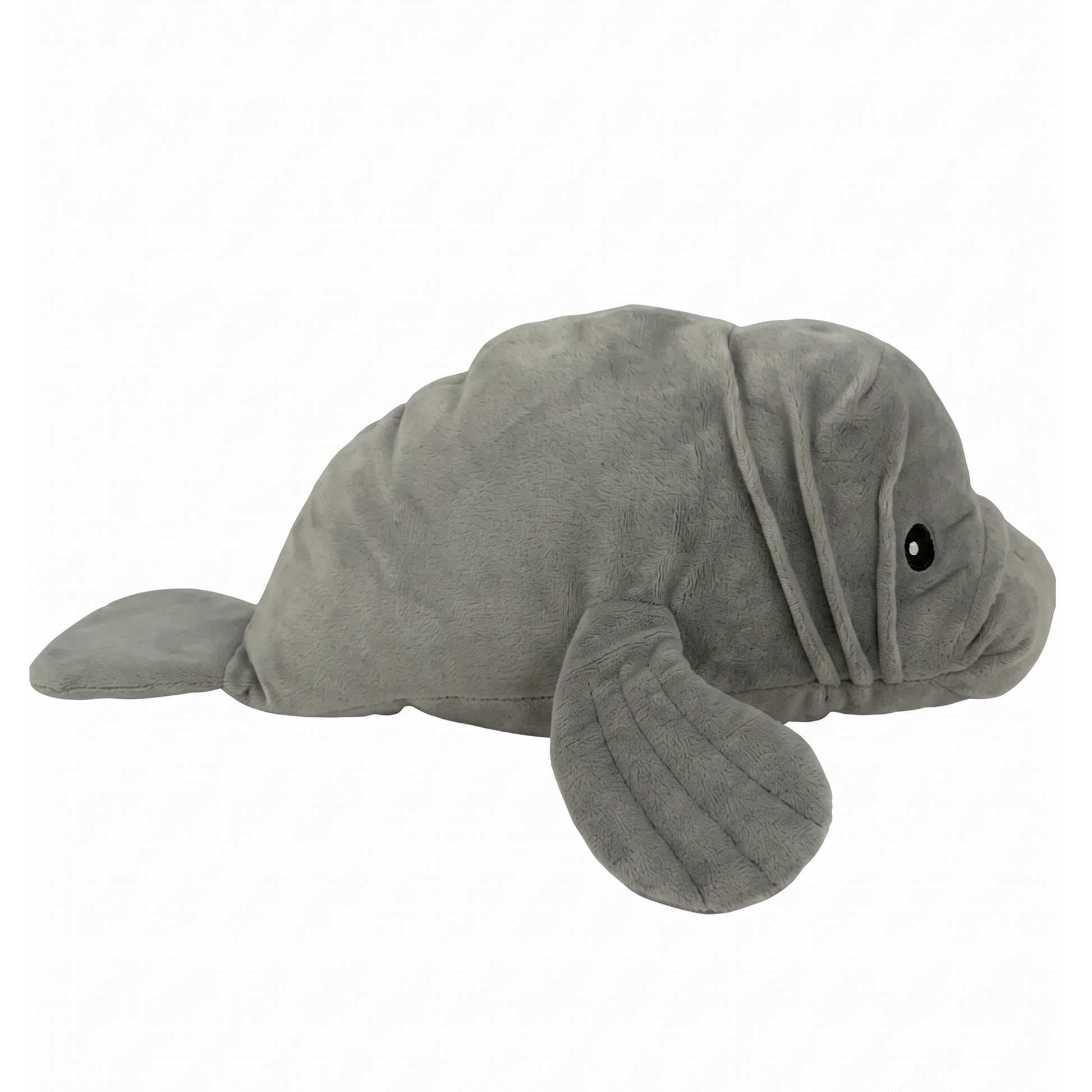 A plush manatee stuffed animal made from gray plush fabric, featuring embroidered details for the eyes and nostrils, set against a plain white background.