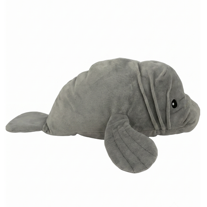 A plush manatee stuffed animal made from gray plush fabric, featuring embroidered details for the eyes and nostrils, set against a plain white background.