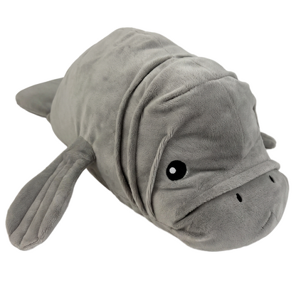 A plush manatee stuffed animal made from gray plush fabric, featuring embroidered details for the eyes and nostrils, set against a plain white background.