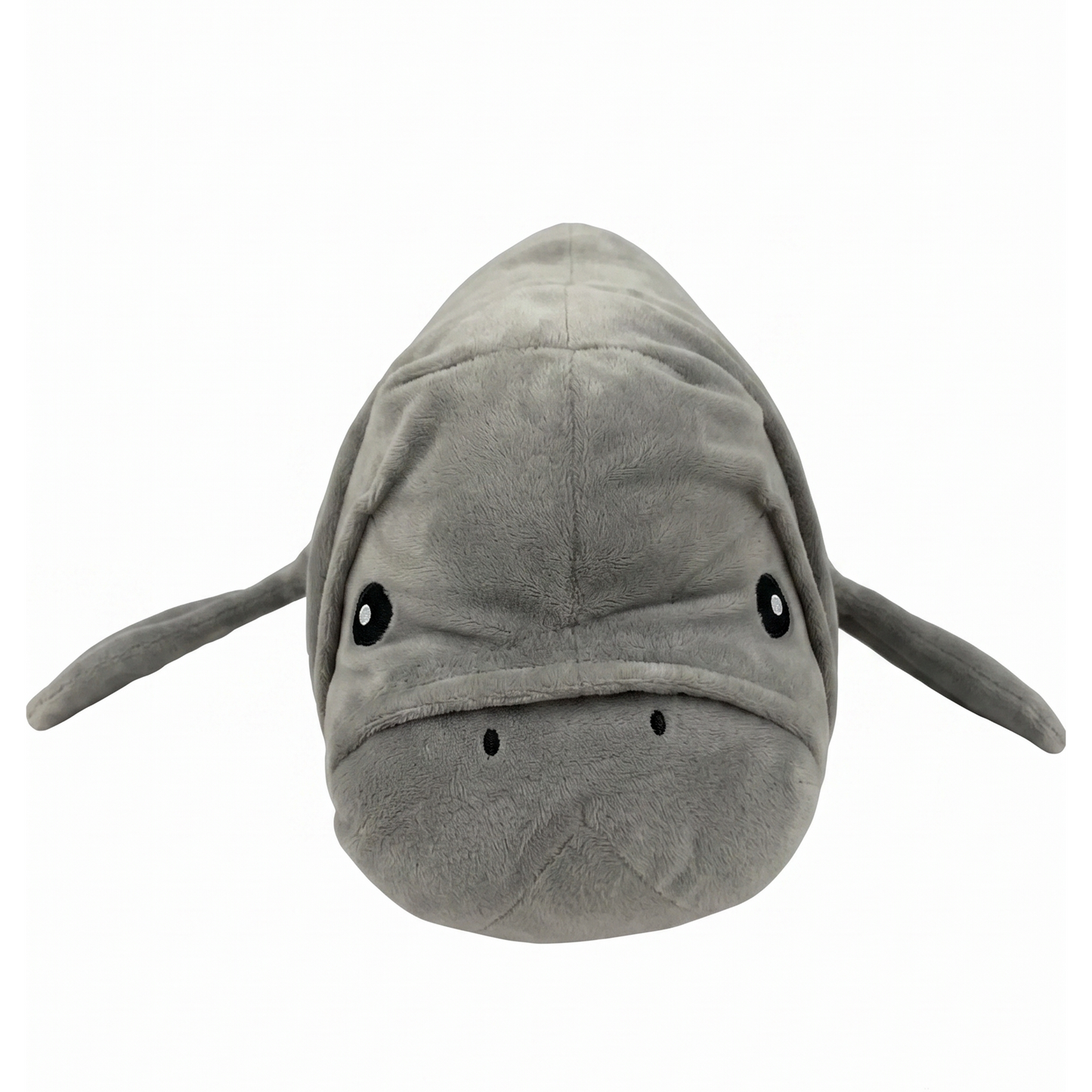 A plush manatee toy with a gray fuzzy body, black eyes, and small black nose details, shown against a plain white background.
