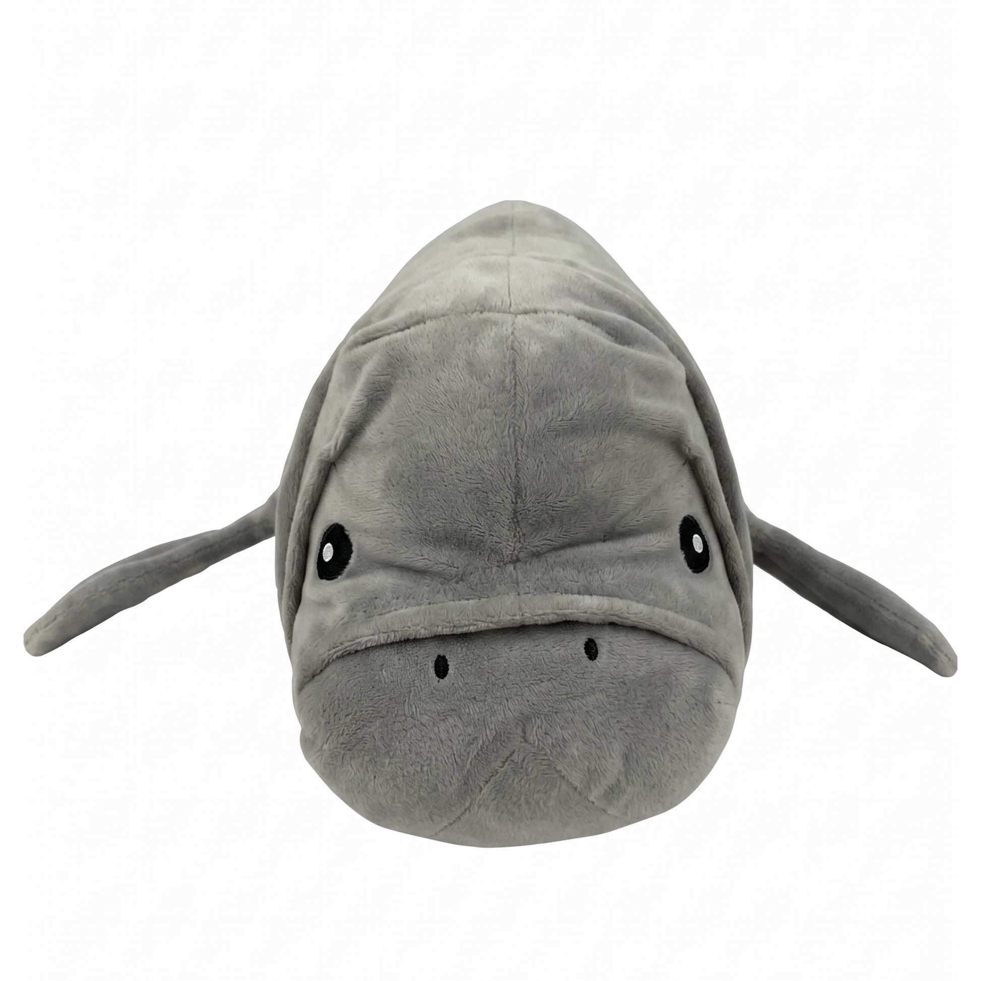 A plush manatee toy with a gray fuzzy body, black eyes, and small black nose details, shown against a plain white background.