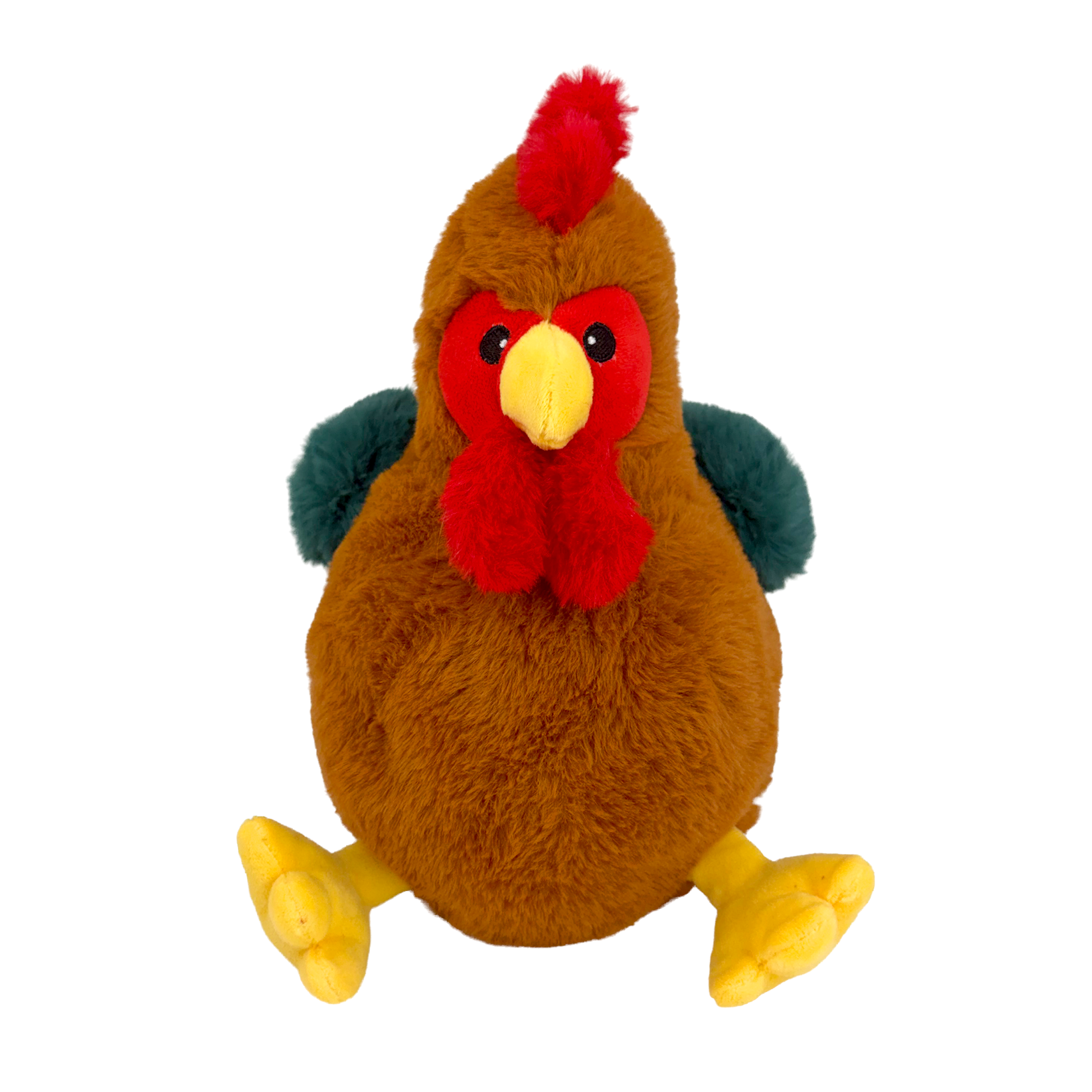 Front view of a plush toy rooster with brown fur, a bright red comb and wattle, yellow beak and feet, and teal-blue fluffy wings, isolated on a white background.