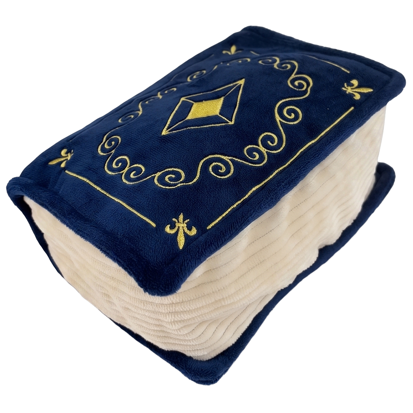 plush book with royal blue cover, cream pages, and gold embroidered details, set against a white background