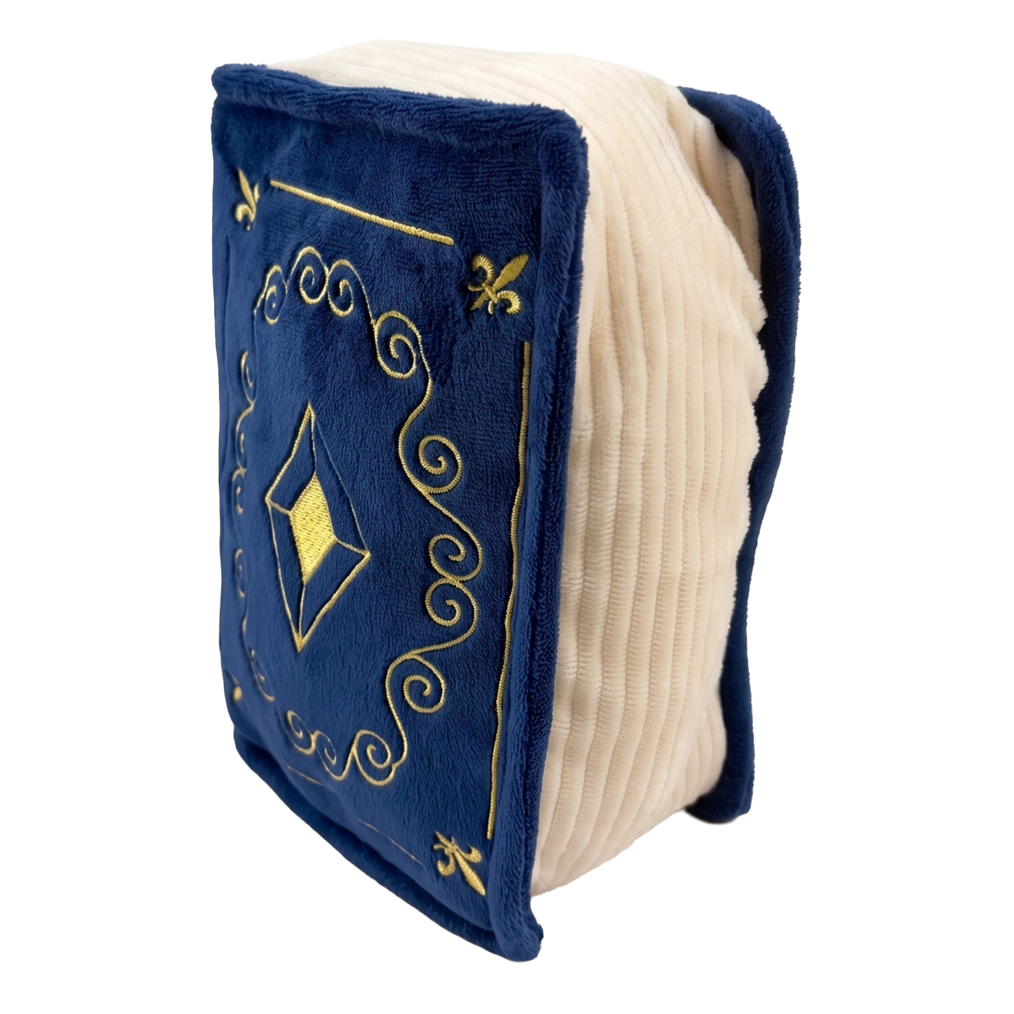 plush book with royal blue cover, cream pages, and gold embroidered details, set against a white background