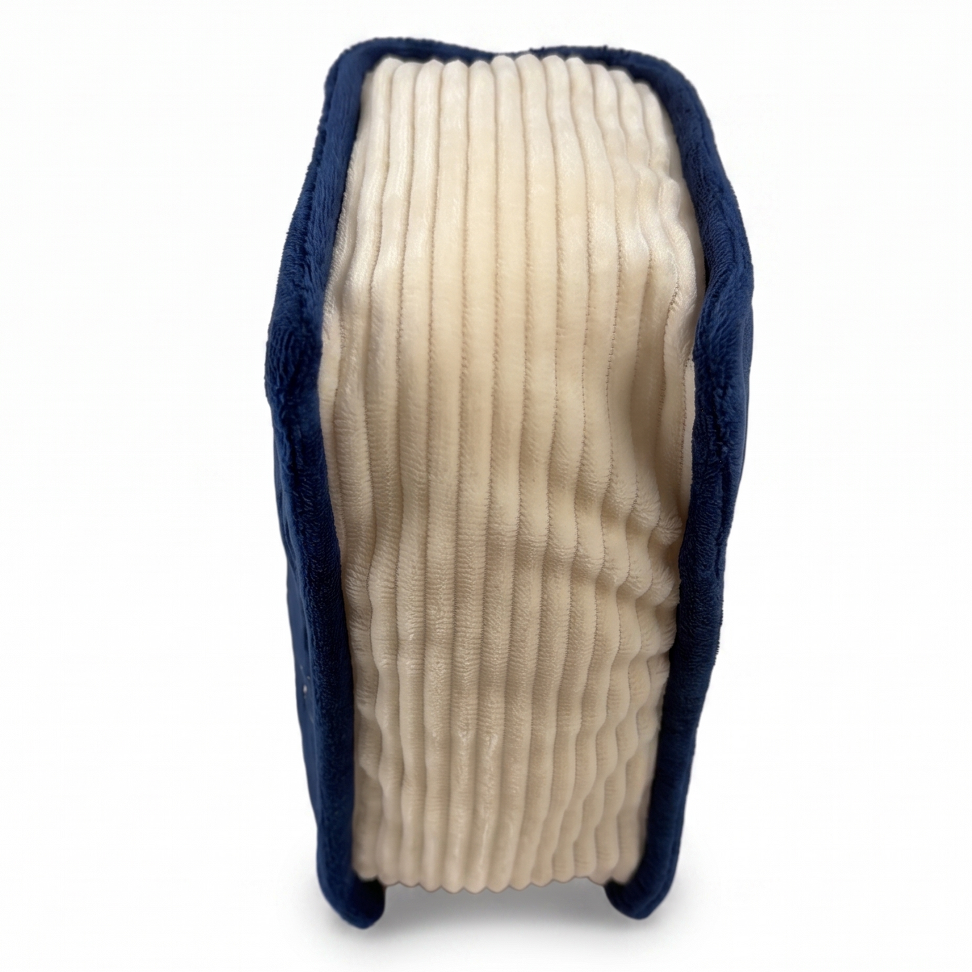 plush book with royal blue cover, cream pages, and gold embroidered details, set against a white background