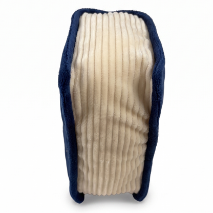 plush book with royal blue cover, cream pages, and gold embroidered details, set against a white background