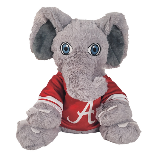 Plush elephant toy wearing a red shirt with a white 'A' on a white background