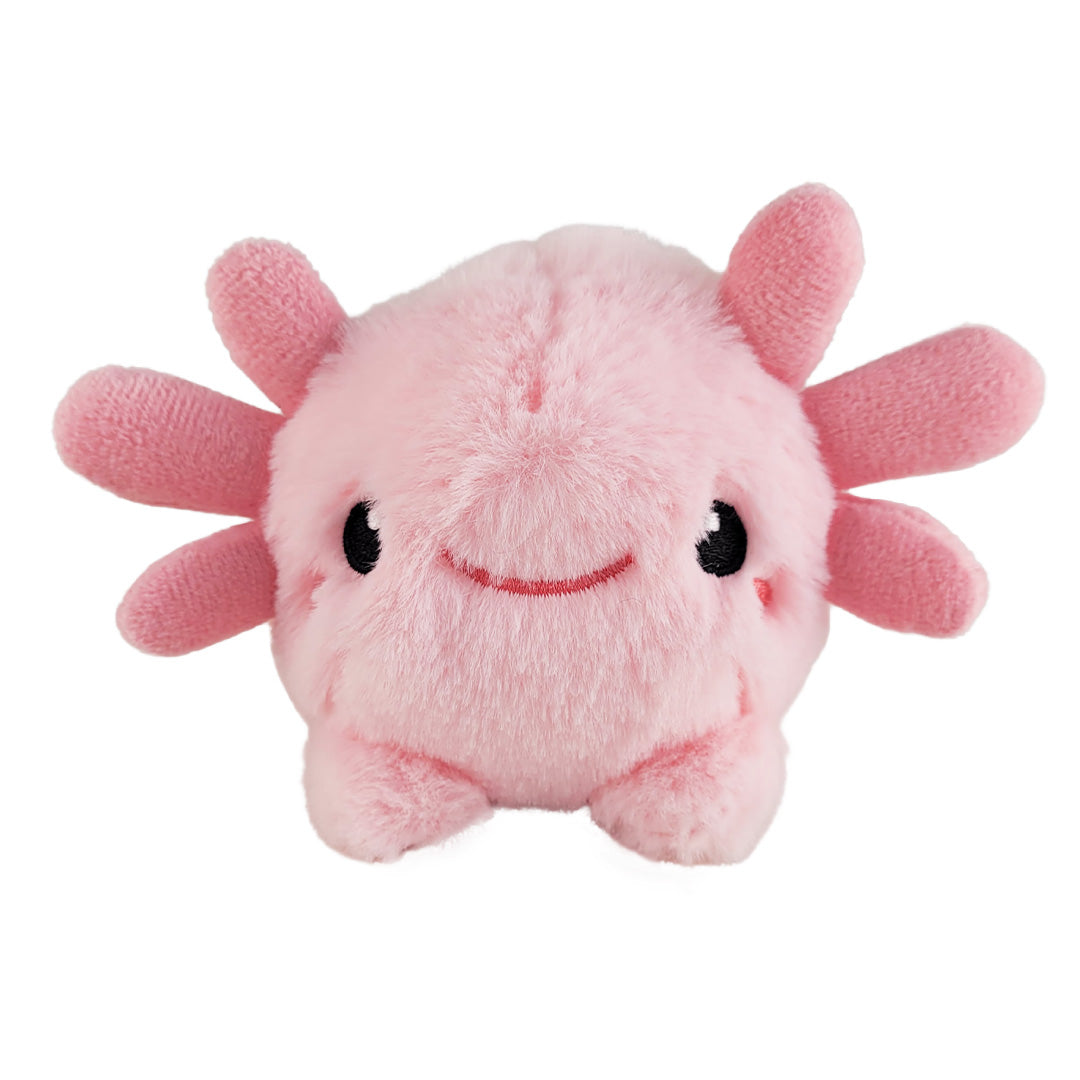 Small pink axolotl plush toy on a white background