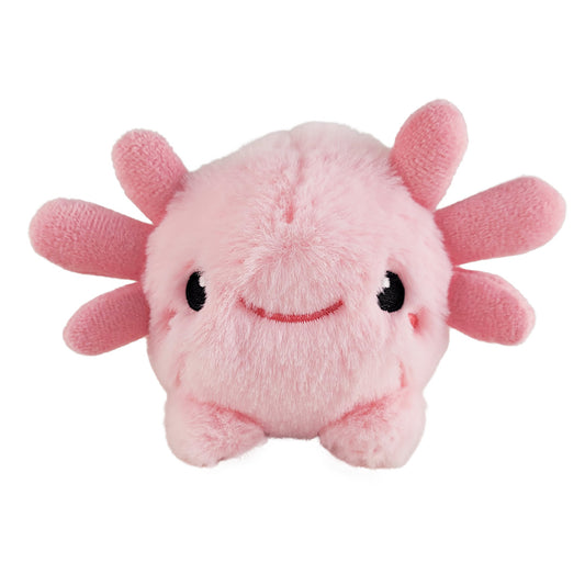 Small pink axolotl plush toy on a white background