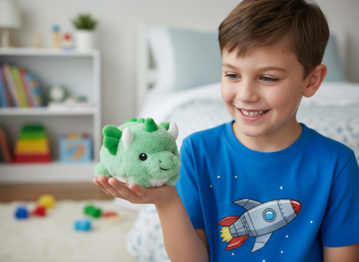 Child holding a green plush toy in a room with books and toys on shelves.