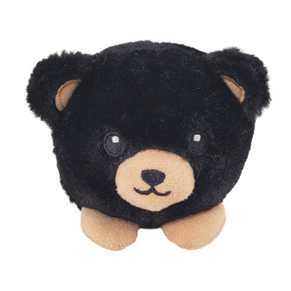 Front of black bear plush on a white background
