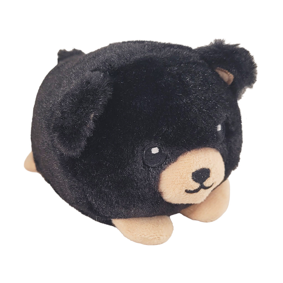 Side of black bear plush with brown snout on a white background