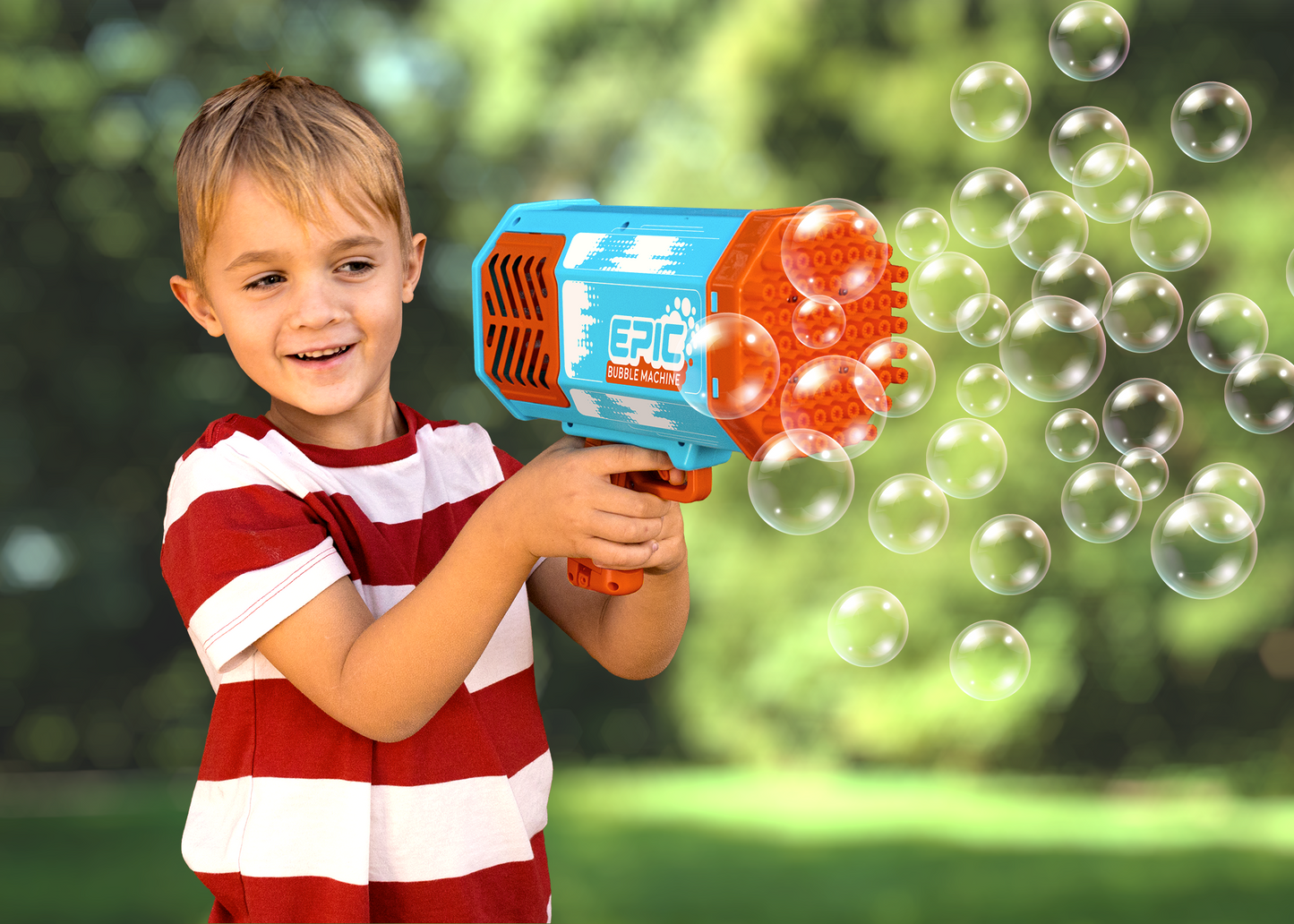 Child holding epic bubble machine with bubbles in the foreground