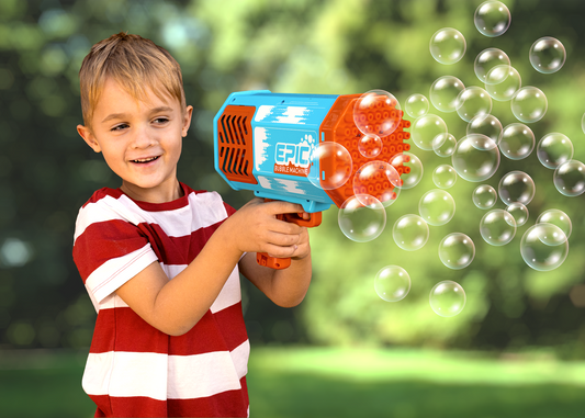 Child holding epic bubble machine with bubbles in the foreground