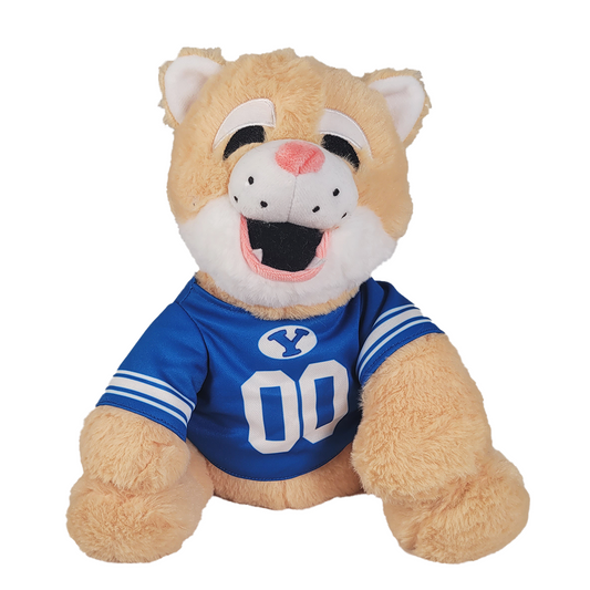 Plush toy cougar wearing a blue jersey with 'BYU' logo and number '00' on a white background