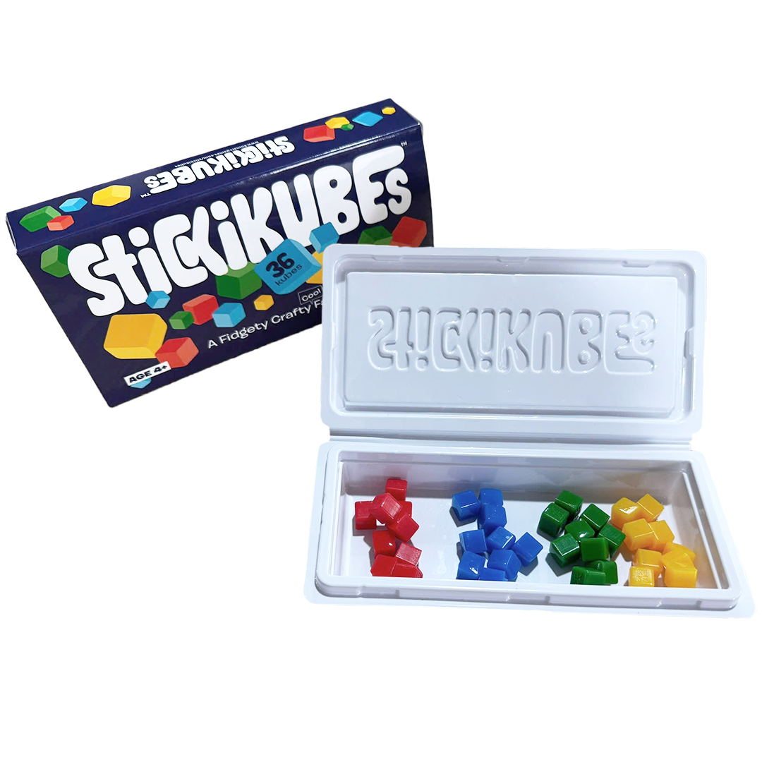 StickiKubes packaging with container open showing colored small cubes