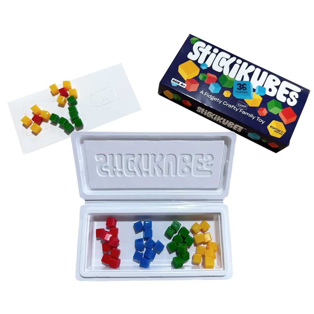 StickiKubes packaging with container open showing the cubes and some flowers made from the cubes