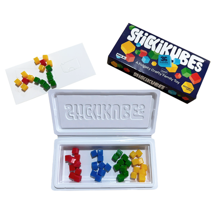 StickiKubes packaging with container open showing the cubes and some flowers made from the cubes