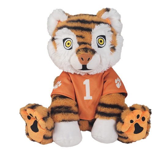 Plush tiger toy wearing an orange jersey with the number 1 on a white background