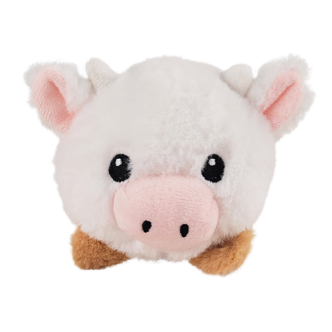 Front of plush toy of a cow with a white face, pink snout, and brown spots on a white background