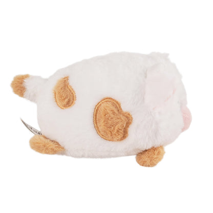 Plush toy resembling a white cow with brown spots on a white background