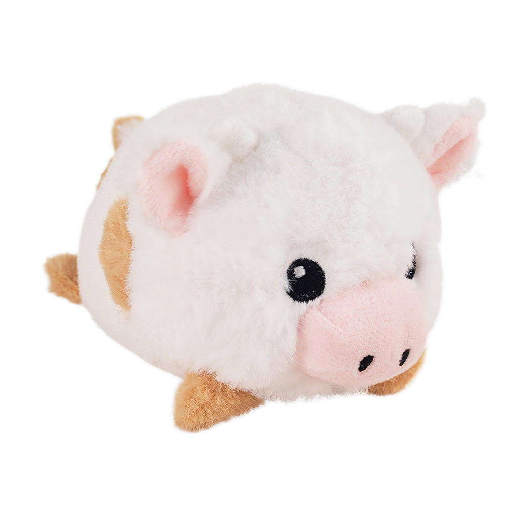 Plush toy of a white cow with brown spots