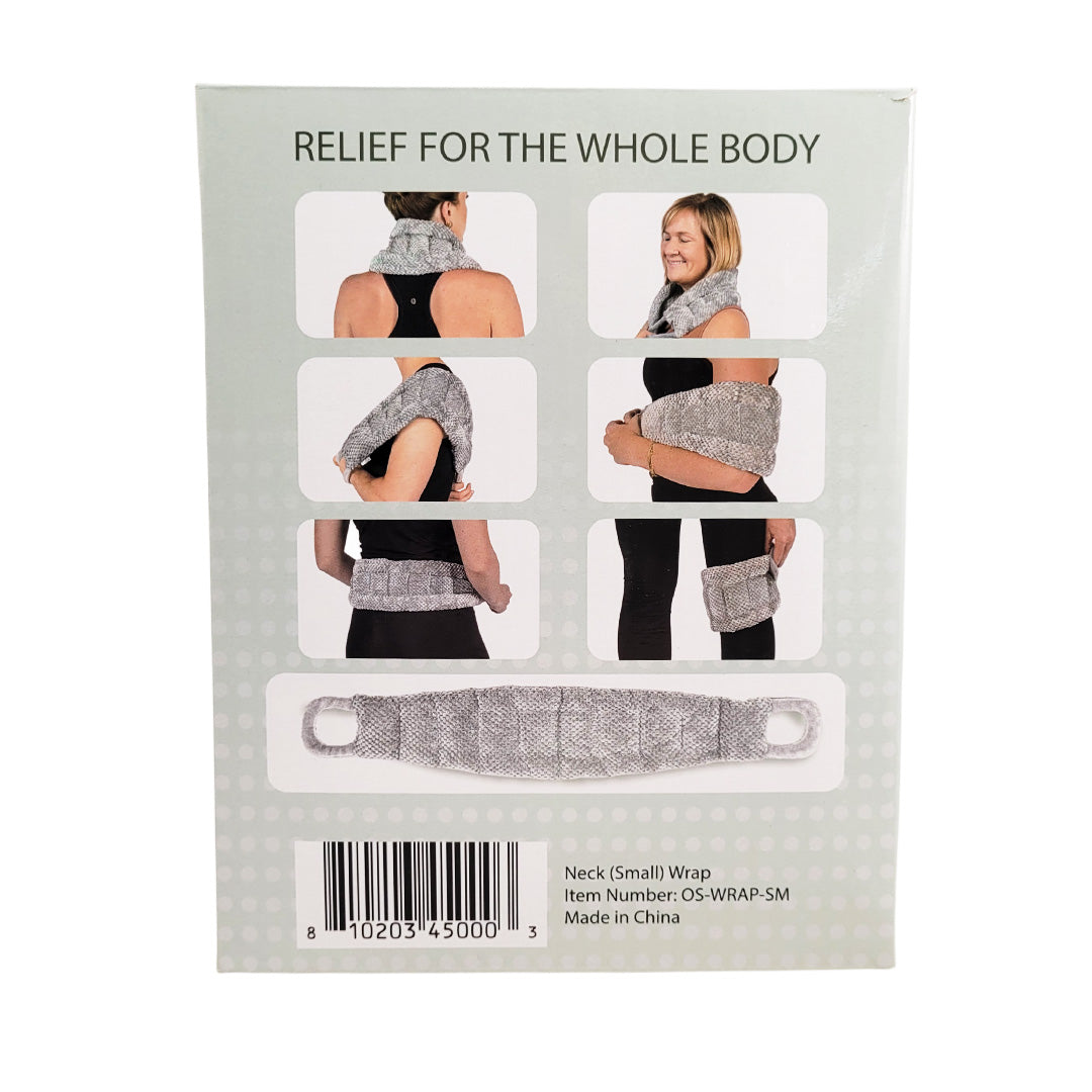 Product packaging for a neck wrap with images of people wearing it and text 'Relief for the Whole Body'.
