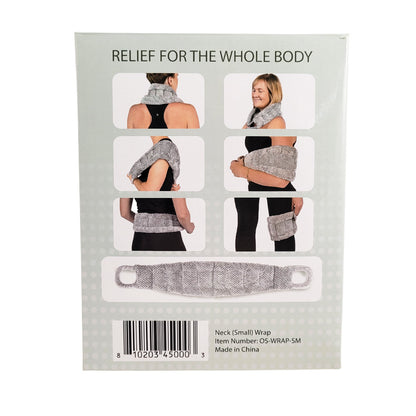 Product packaging for a neck wrap with images of people wearing it and text 'Relief for the Whole Body'.