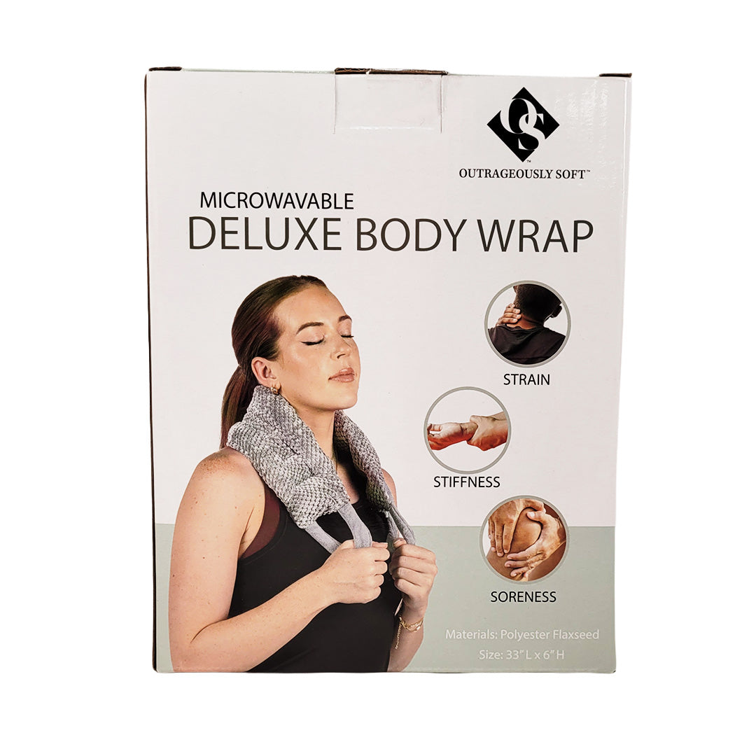 Box of a microwavable deluxe body wrap with a woman using it on her neck.
