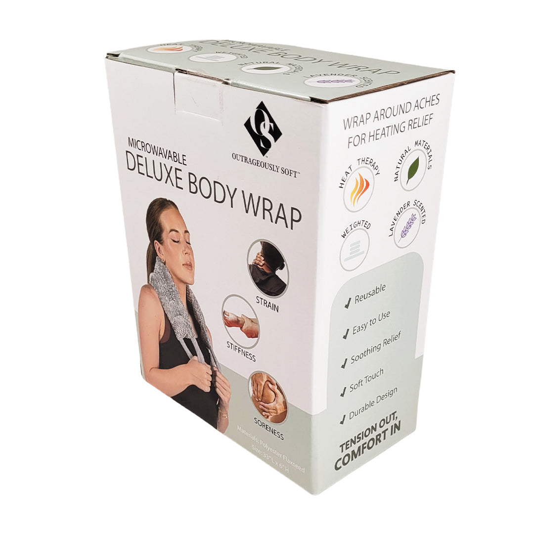 Box of a deluxe body wrap with branding and product features on a white background