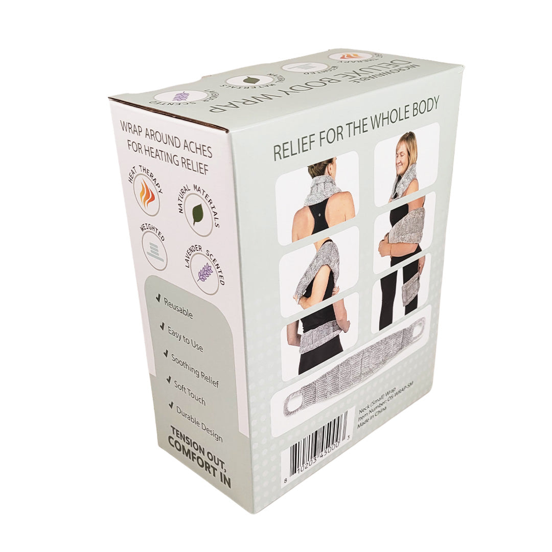 Box packaging of a heating wrap with images of people wearing it on a white background