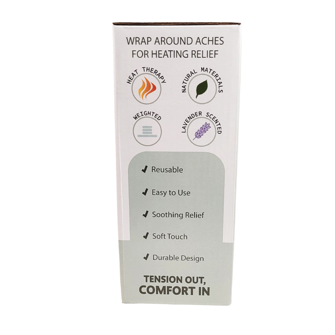 Side of deluxe heating wrap packaging with text and icons on a white background