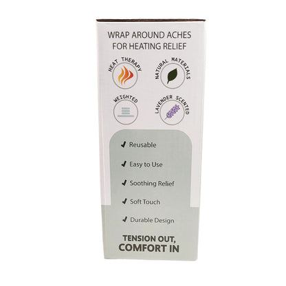 Side of deluxe heating wrap packaging with text and icons on a white background