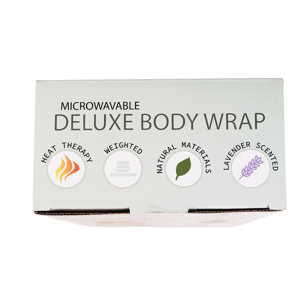 Top of box of a microwavable deluxe body wrap with icons and text on a white background