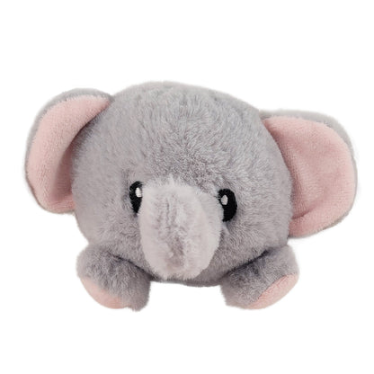 Front of plush elephant toy with pink inner ears on a white background